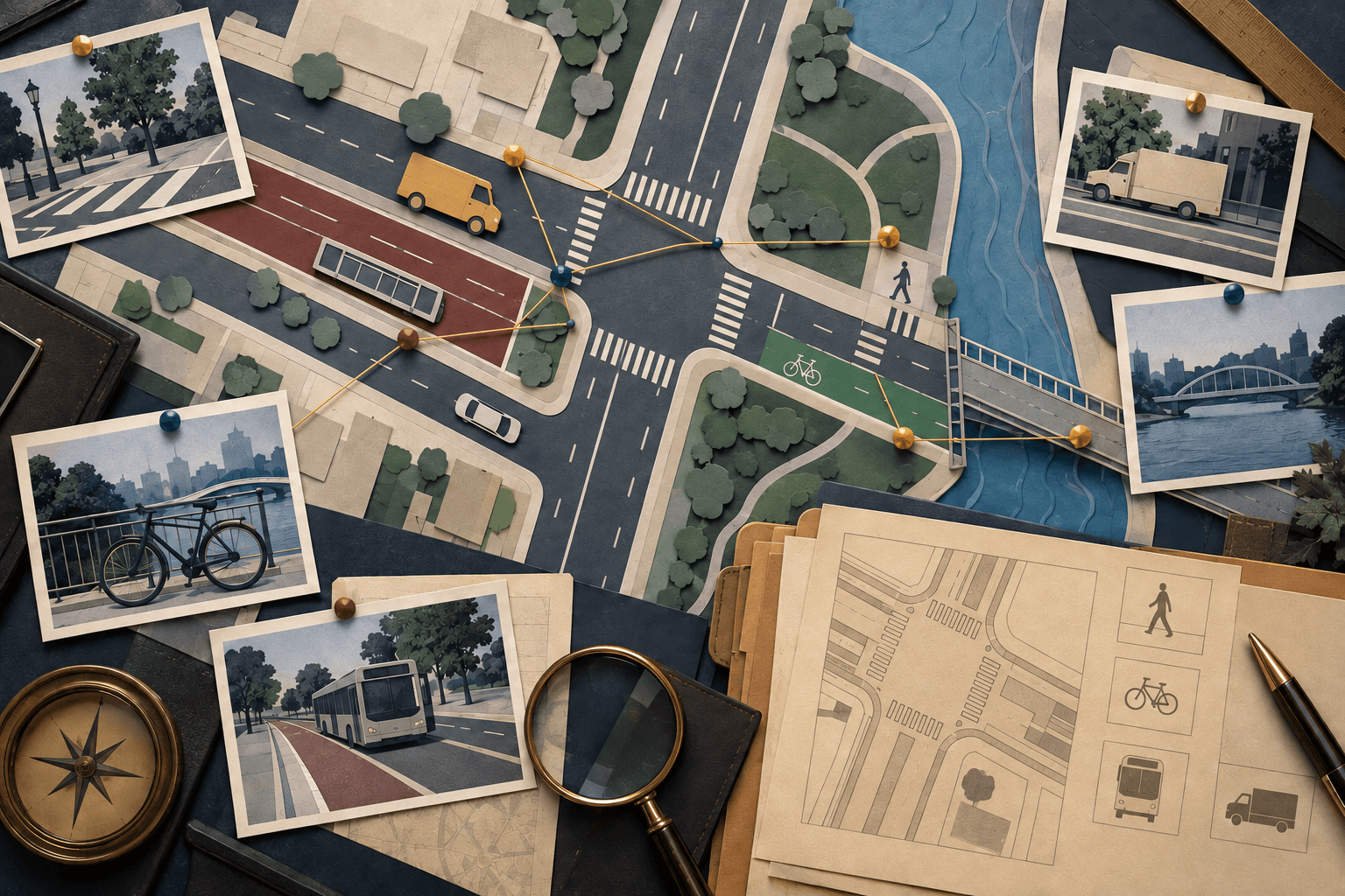 Overhead paper-cut map of roads, transit, evidence cards, and location pins