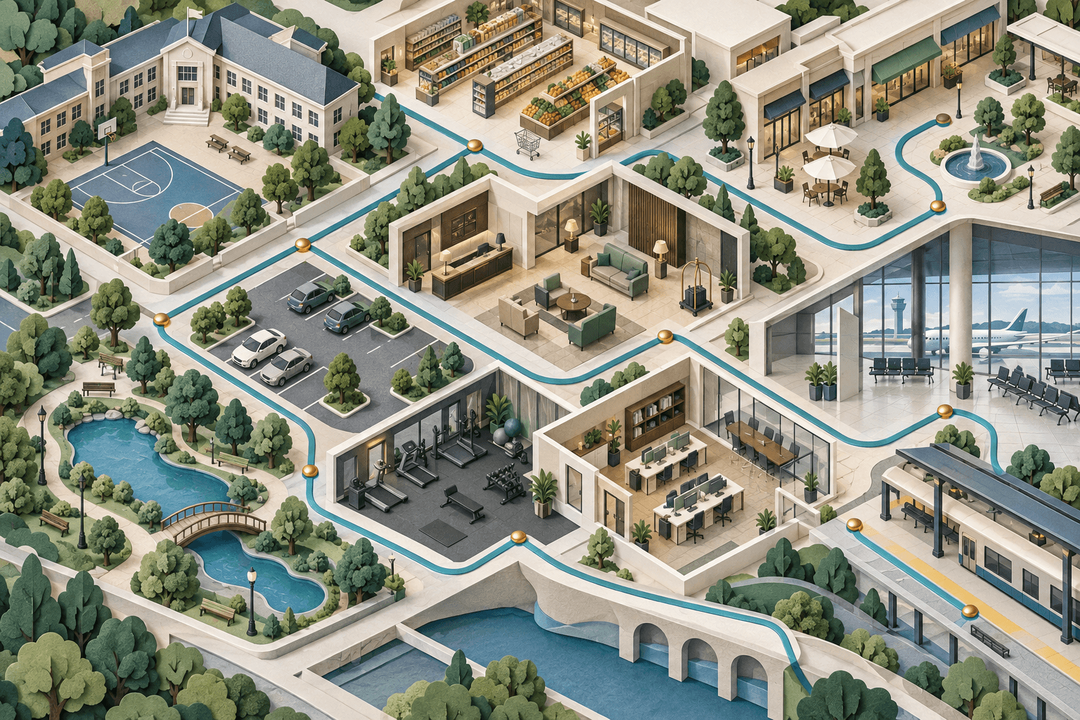 Isometric paper-cut district with school, shops, hotel, airport, park, workplace, and transit
